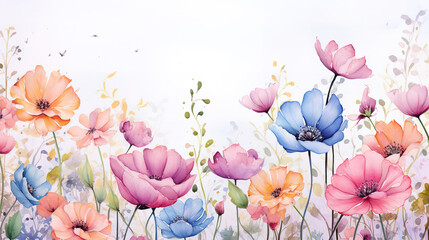 Natural background with watercolor flowers. Generative Ai