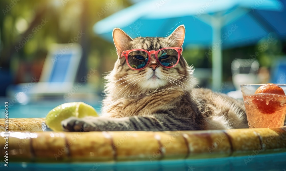 Wall mural illustration of a gray cat with glasses on vacation in the pool. the concept of summer holidays