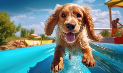 Illustration of a happy dog riding a slide in a water park. Dog having fun on water slides on summer vacation in tropical resort.