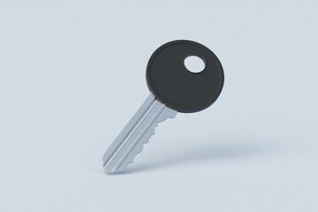 Flying house key on gray background. Real estate purchase concept. Rent home. 3d render