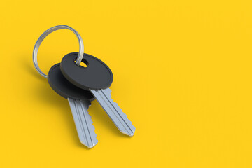 Group of house keys on orange background. Real estate purchase concept. Rent home. Copy space. 3d render