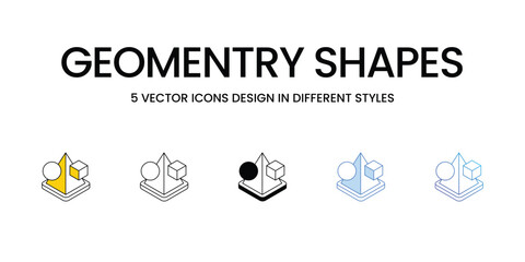 Geomentry Shapes Icon Design in Five style with Editable Stroke. Line, Solid, Flat Line, Duo Tone Color, and Color Gradient Line. Suitable for Web Page, Mobile App, UI, UX and GUI design.