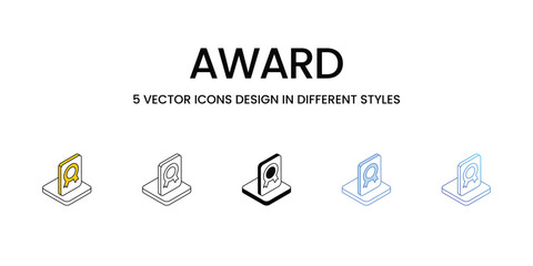 Award Icon Design in Five style with Editable Stroke. Line, Solid, Flat Line, Duo Tone Color, and Color Gradient Line. Suitable for Web Page, Mobile App, UI, UX and GUI design.