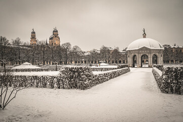 hofgarten in Munich city in winter with snow