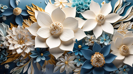 The fantasy white and blue flowers close up. Generative Ai