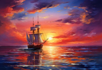 A painting of a sailboat in the ocean in the style of a tropical dawn. The orange sun and red clouds silhouette a vessel, blending with the regatta, cruise, and fishing boats. A serene seascape.