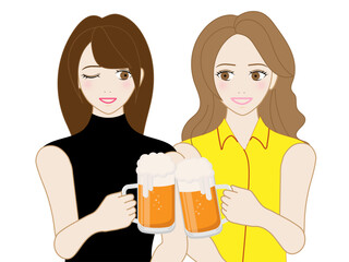 生ビールで乾杯する二人の若くて美しい女性