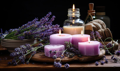 Obraz na płótnie Canvas Aromatherapy, lavender bouquet, lit candles on the table.
