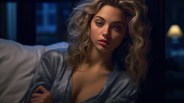 Hot European Blonde Girl in a Night Dress. Copy space. Beautiful sexual young woman in luxury sleepwear in Modern interior. Made With Generative AI.