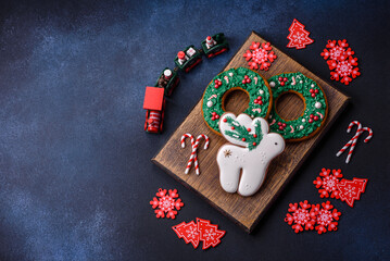 Beautiful festive Christmas gingerbread made by hand with decoration elements