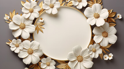 Empty round banner template with white flowers with golden glittering decorations. Generative Ai