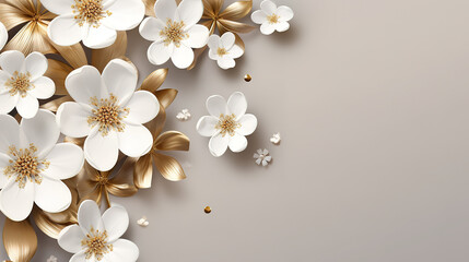 Photo empty spring round banner with white flowers with golden glittering decorations. Generative Ai