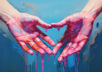 An oil painting of two hands hanging together, captured in abstract strokes and colorful splashes. The design exudes a sensation of harmony and tranquility, a touch of beauty in contemporary style.