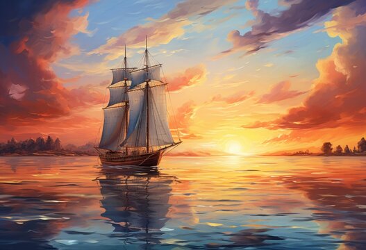 An oil painting of a sailboat at sunset, where bright orange and yellow blend with blue, capturing the vessel sailing on a wavy sea. The artistic canvas reflects nature's beauty in twilight's embrace.