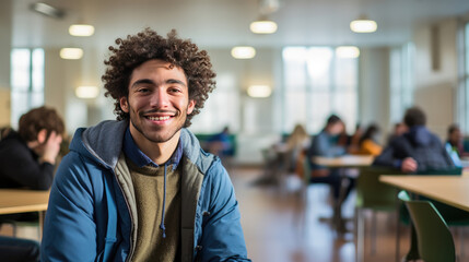 Portrait of a smiling young university male student in the classroom. Generative AI