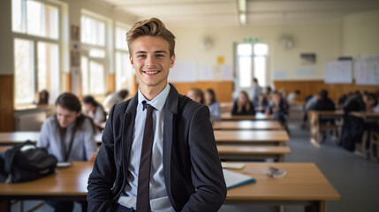 Fototapeta premium Portrait of a smiling young university male student in the classroom. Generative AI