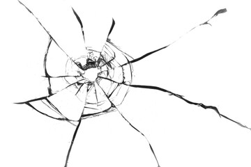 Broken glass texture. Bullet hole. Transparent background