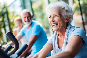 senior couple exercising in the gym