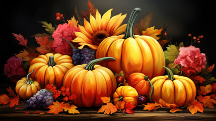 Autumn background from fallen leaves and fruits with vintage pla. Generative Ai