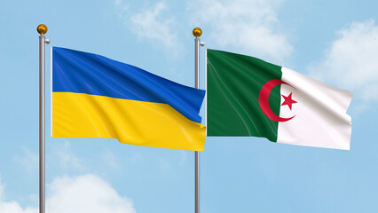 Waving flags of Ukraine and Algeria on sky background. Illustrating International Diplomacy, Friendship and Partnership with Soaring Flags against the Sky. 3D illustration.
