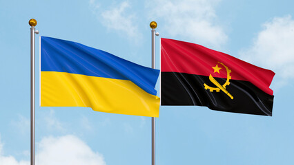 Waving flags of Ukraine and Angola on sky background. Illustrating International Diplomacy, Friendship and Partnership with Soaring Flags against the Sky. 3D illustration.