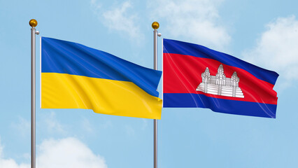 Waving flags of Ukraine and Cambodia on sky background. Illustrating International Diplomacy, Friendship and Partnership with Soaring Flags against the Sky. 3D illustration.