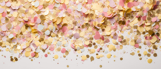 Colorful confetti background. Banner with particles, element on white. Confetti party.Top view. Flat lay.Place for text.Holidays celebration cover.Generative ai