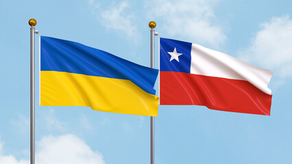Waving flags of Ukraine and Chile on sky background. Illustrating International Diplomacy, Friendship and Partnership with Soaring Flags against the Sky. 3D illustration.