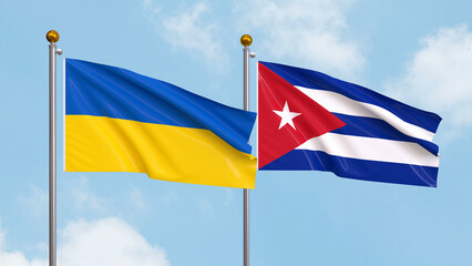 Waving flags of Ukraine and Cuba on sky background. Illustrating International Diplomacy, Friendship and Partnership with Soaring Flags against the Sky. 3D illustration.