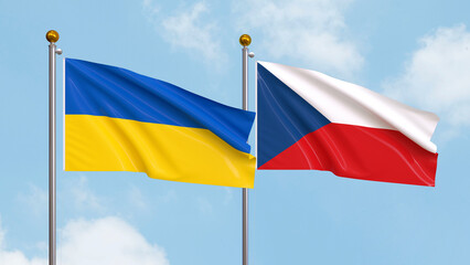 Waving flags of Ukraine and Czech Republic on sky background. Illustrating International Diplomacy, Friendship and Partnership with Soaring Flags against the Sky. 3D illustration.