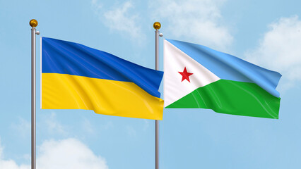 Waving flags of Ukraine and Djibouti on sky background. Illustrating International Diplomacy, Friendship and Partnership with Soaring Flags against the Sky. 3D illustration.
