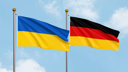 Waving flags of Ukraine and Germany on sky background. Illustrating International Diplomacy, Friendship and Partnership with Soaring Flags against the Sky. 3D illustration.