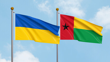 Waving flags of Ukraine and Guinea-Bissau on sky background. Illustrating International Diplomacy, Friendship and Partnership with Soaring Flags against the Sky. 3D illustration.
