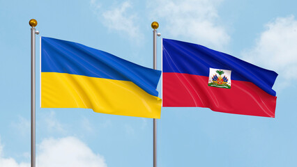 Waving flags of Ukraine and Haiti on sky background. Illustrating International Diplomacy, Friendship and Partnership with Soaring Flags against the Sky. 3D illustration.