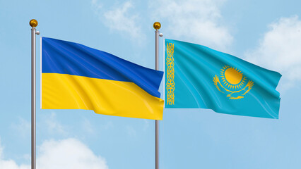 Waving flags of Ukraine and Kazakhstan on sky background. Illustrating International Diplomacy, Friendship and Partnership with Soaring Flags against the Sky. 3D illustration.
