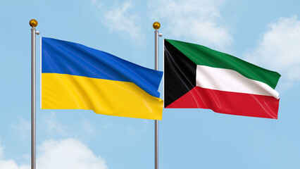 Waving flags of Ukraine and Kuwait on sky background. Illustrating International Diplomacy, Friendship and Partnership with Soaring Flags against the Sky. 3D illustration.
