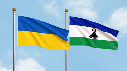 Waving flags of Ukraine and Lesotho on sky background. Illustrating International Diplomacy, Friendship and Partnership with Soaring Flags against the Sky. 3D illustration.