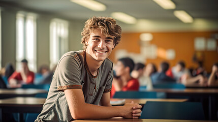 Portrait of a smiling young university male student in the classroom. Generative AI
