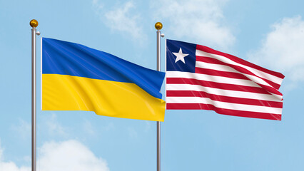 Waving flags of Ukraine and Liberia on sky background. Illustrating International Diplomacy, Friendship and Partnership with Soaring Flags against the Sky. 3D illustration.