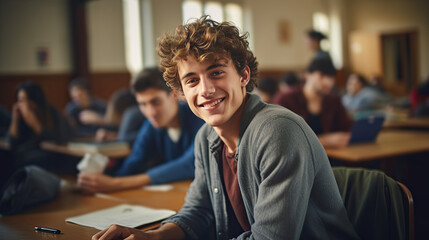 Fototapeta premium Portrait of a smiling young university male student in the classroom. Generative AI