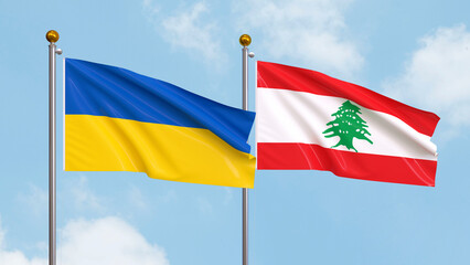 Waving flags of Ukraine and Lebanon on sky background. Illustrating International Diplomacy, Friendship and Partnership with Soaring Flags against the Sky. 3D illustration.