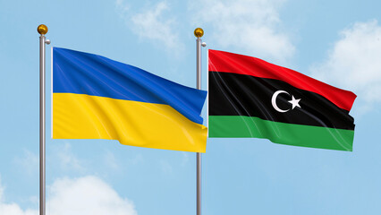 Waving flags of Ukraine and Libya on sky background. Illustrating International Diplomacy, Friendship and Partnership with Soaring Flags against the Sky. 3D illustration.