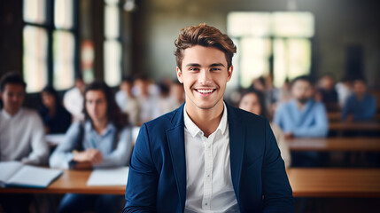 Fototapeta premium Portrait of a smiling young university male student in the classroom. Generative AI