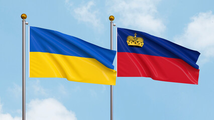 Waving flags of Ukraine and Liechtenstein on sky background. Illustrating International Diplomacy, Friendship and Partnership with Soaring Flags against the Sky. 3D illustration.