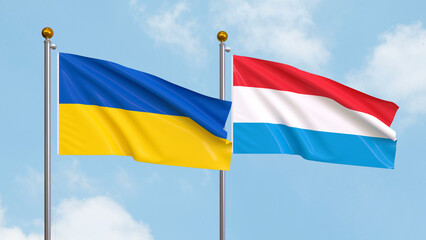 Waving flags of Ukraine and Luxembourg on sky background. Illustrating International Diplomacy, Friendship and Partnership with Soaring Flags against the Sky. 3D illustration.