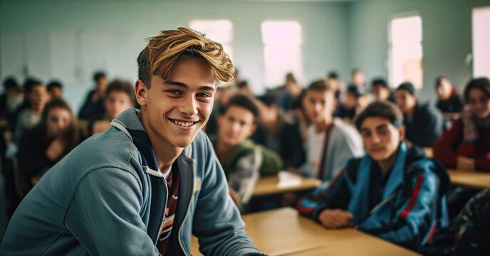 Portrait of a smiling young university male student in the classroom. Generative AI