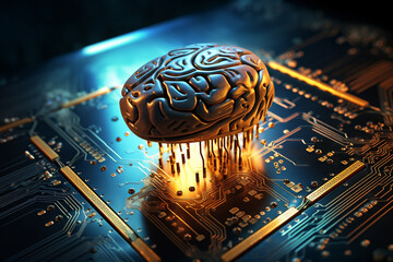 human brain and artificial intelligence concept, big data processing, computer motherboard. Education, knowledge and creativity. High quality photo