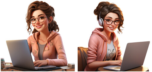 cartoon illustration of a happy young woman with long hair and headphones on, sitting at a desk with a laptop , on a transparent background, Generative AI
