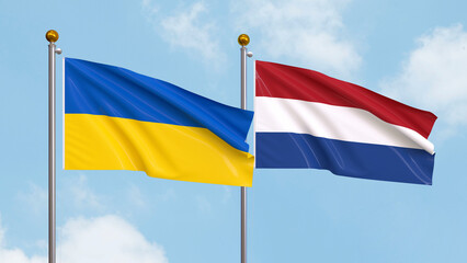 Waving flags of Ukraine and Netherlands on sky background. Illustrating International Diplomacy, Friendship and Partnership with Soaring Flags against the Sky. 3D illustration.