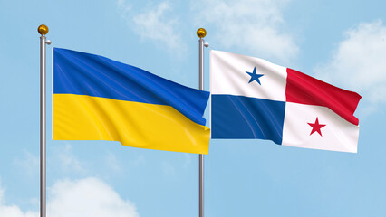 Waving flags of Ukraine and Panama on sky background. Illustrating International Diplomacy, Friendship and Partnership with Soaring Flags against the Sky. 3D illustration.